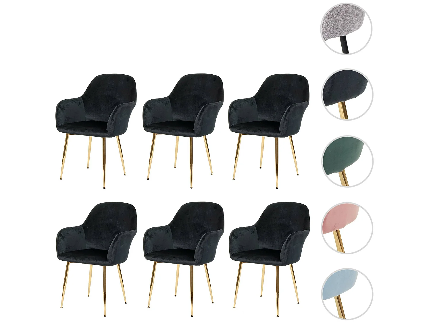 Chaise de salle à manger MCW-F18 (lot de 6),  velours noir, pieds dorés