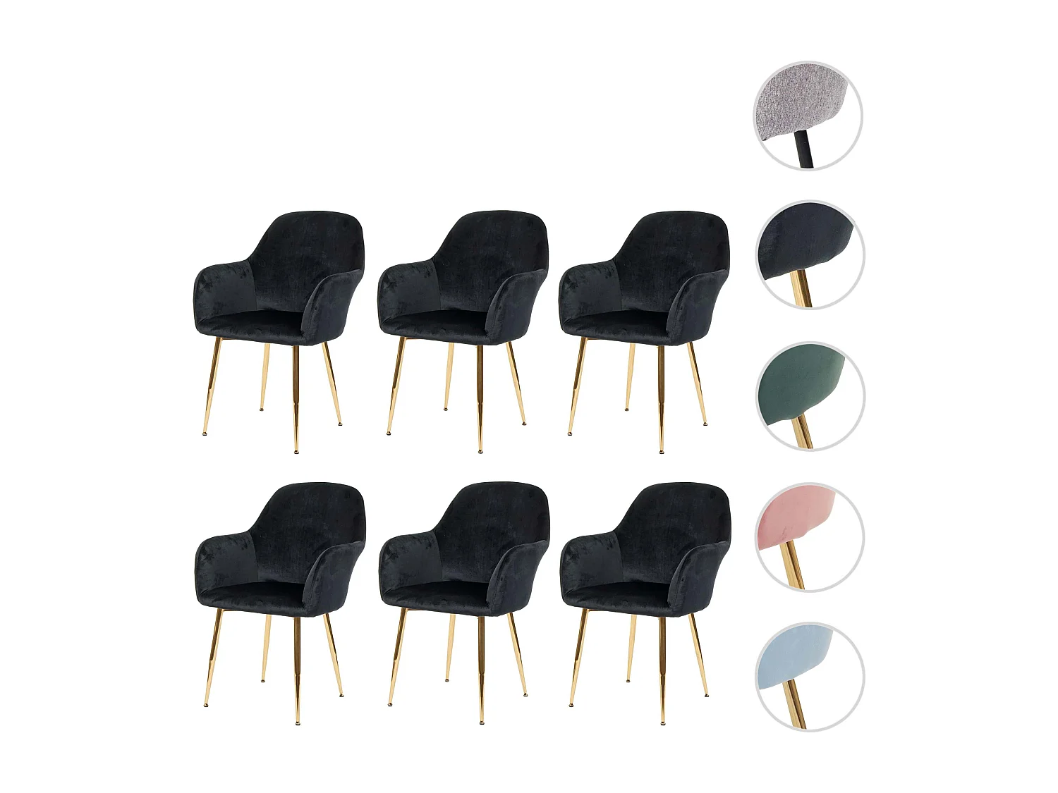 Eetkamerstoel MCW-F18 (set van 6),  fluweelzwart, gouden poten