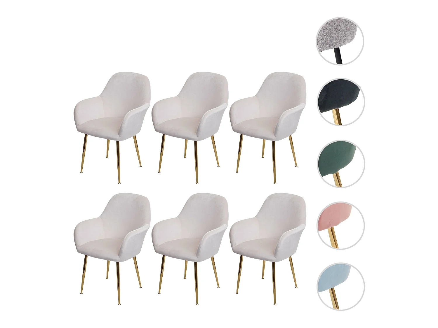 Chaise de salle à manger MCW-F18 (lot de 6),  velours crème-blanc, pieds dorés