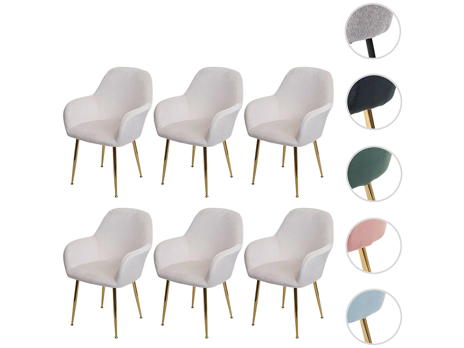 Chaise de salle à manger MCW-F18 (lot de 6),  velours crème-blanc, pieds dorés