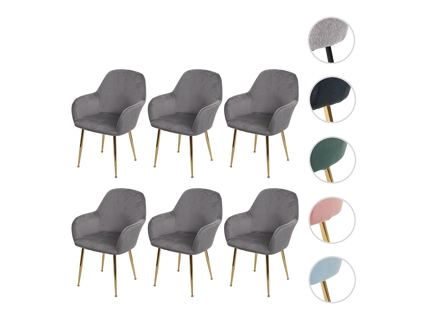 Esszimmerstuhl MCW-F18 (6er-Set), Samt grau, goldene Beine