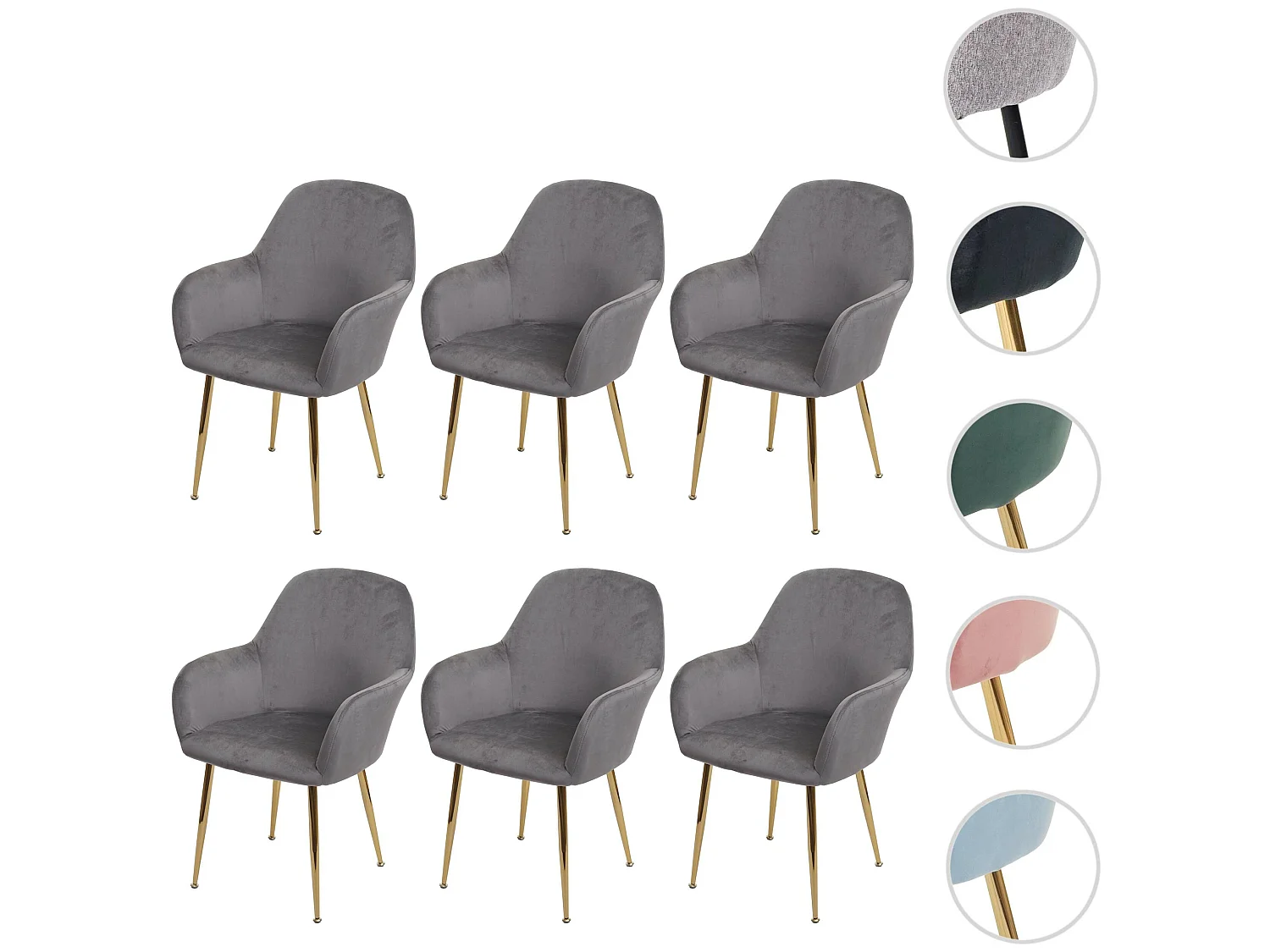 Chaise de salle à manger MCW-F18 (lot de 6),  velours gris, pieds dorés