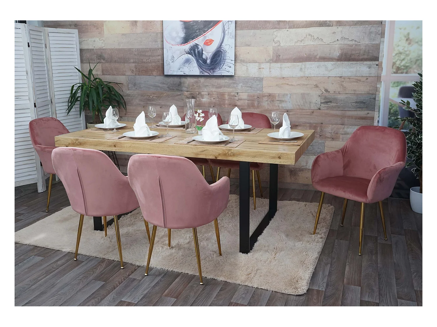 Chaise de salle à manger MCW-F18 (lot de 6),  velours vieux rose, pieds dorés