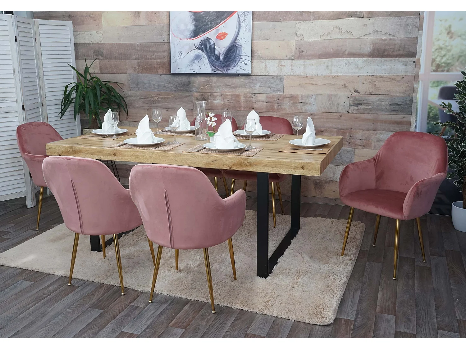 Chaise de salle à manger MCW-F18 (lot de 6),  velours vieux rose, pieds dorés