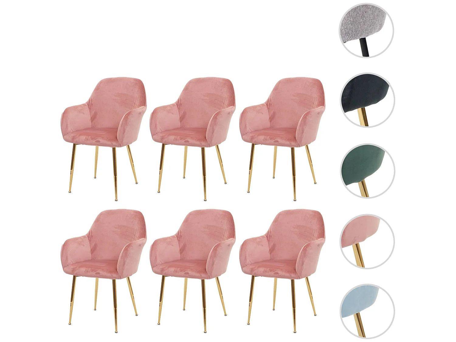 Chaise de salle à manger MCW-F18 (lot de 6),  velours vieux rose, pieds dorés