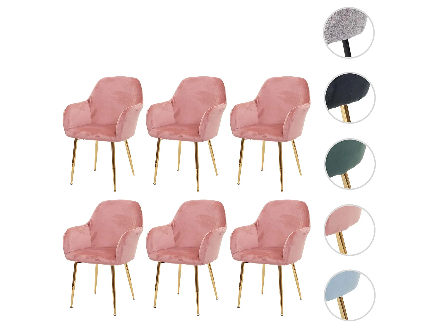 Chaise de salle à manger MCW-F18 (lot de 6),  velours vieux rose, pieds dorés