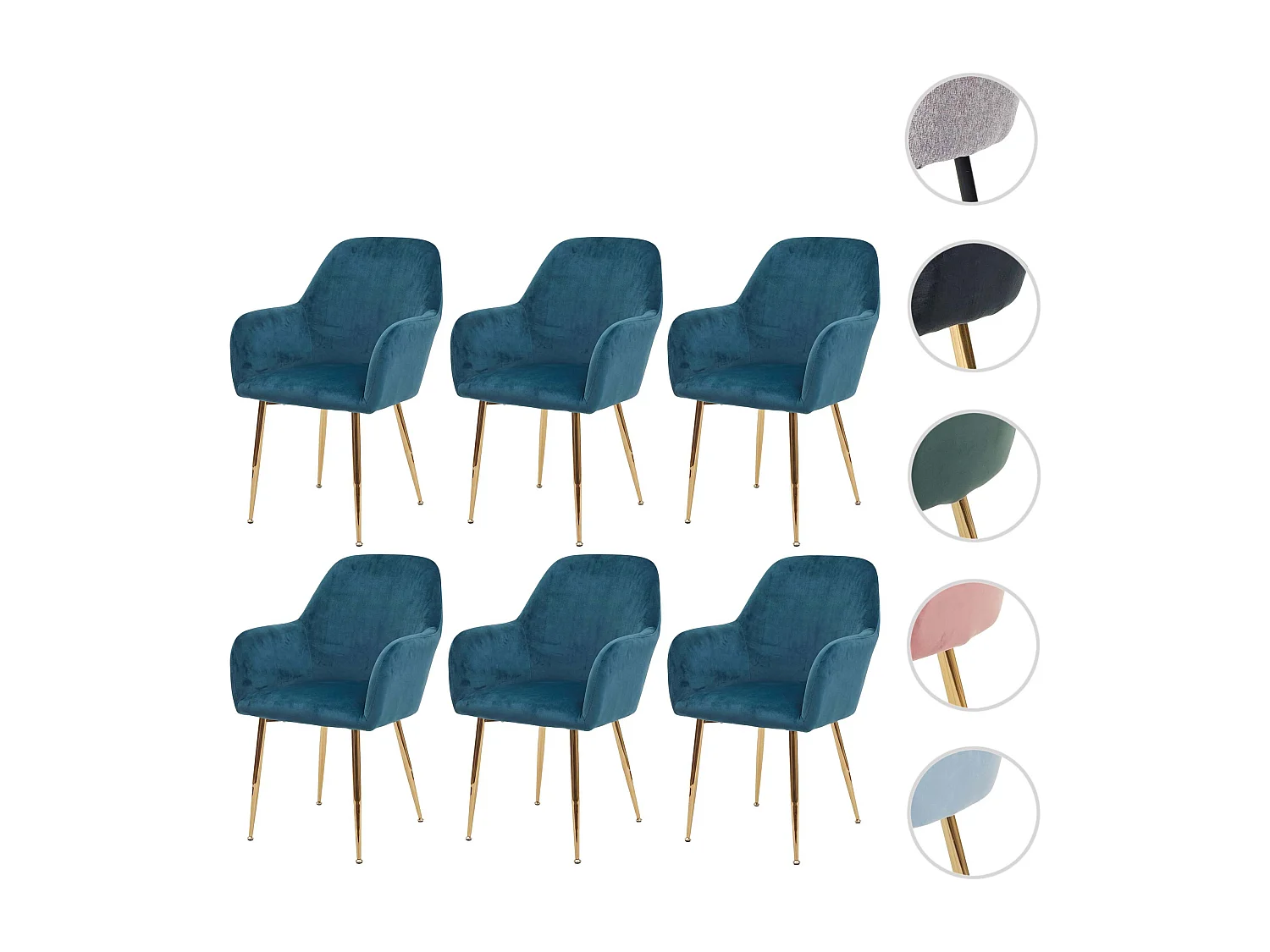 Chaise de salle à manger MCW-F18 (lot de 6),  velours menthe, pieds dorés