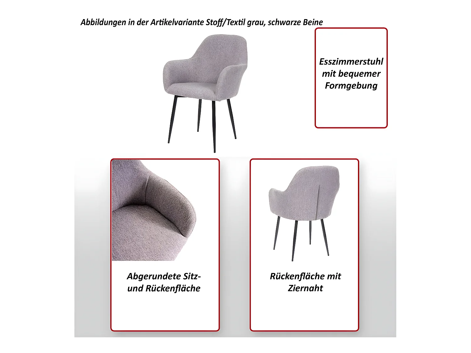 Chaise de salle à manger MCW-F18 (lot de 6),  tissu/textile gris, pieds noirs