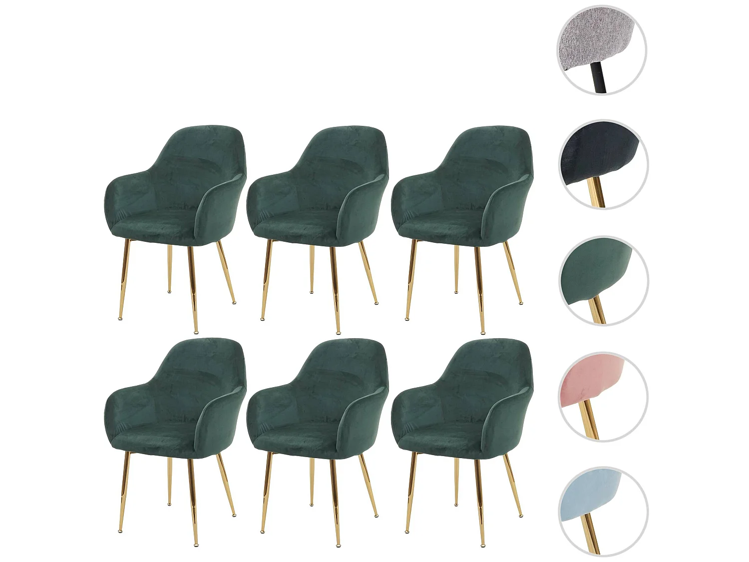 Chaise de salle à manger MCW-F18 (lot de 6),  velours vert, pieds dorés