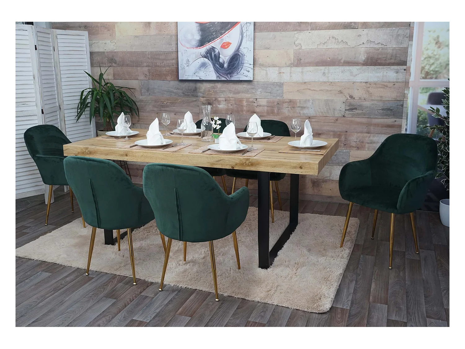 Cadeira de jantar MCW-F18 (conjunto de 6),  veludo verde, pernas douradas