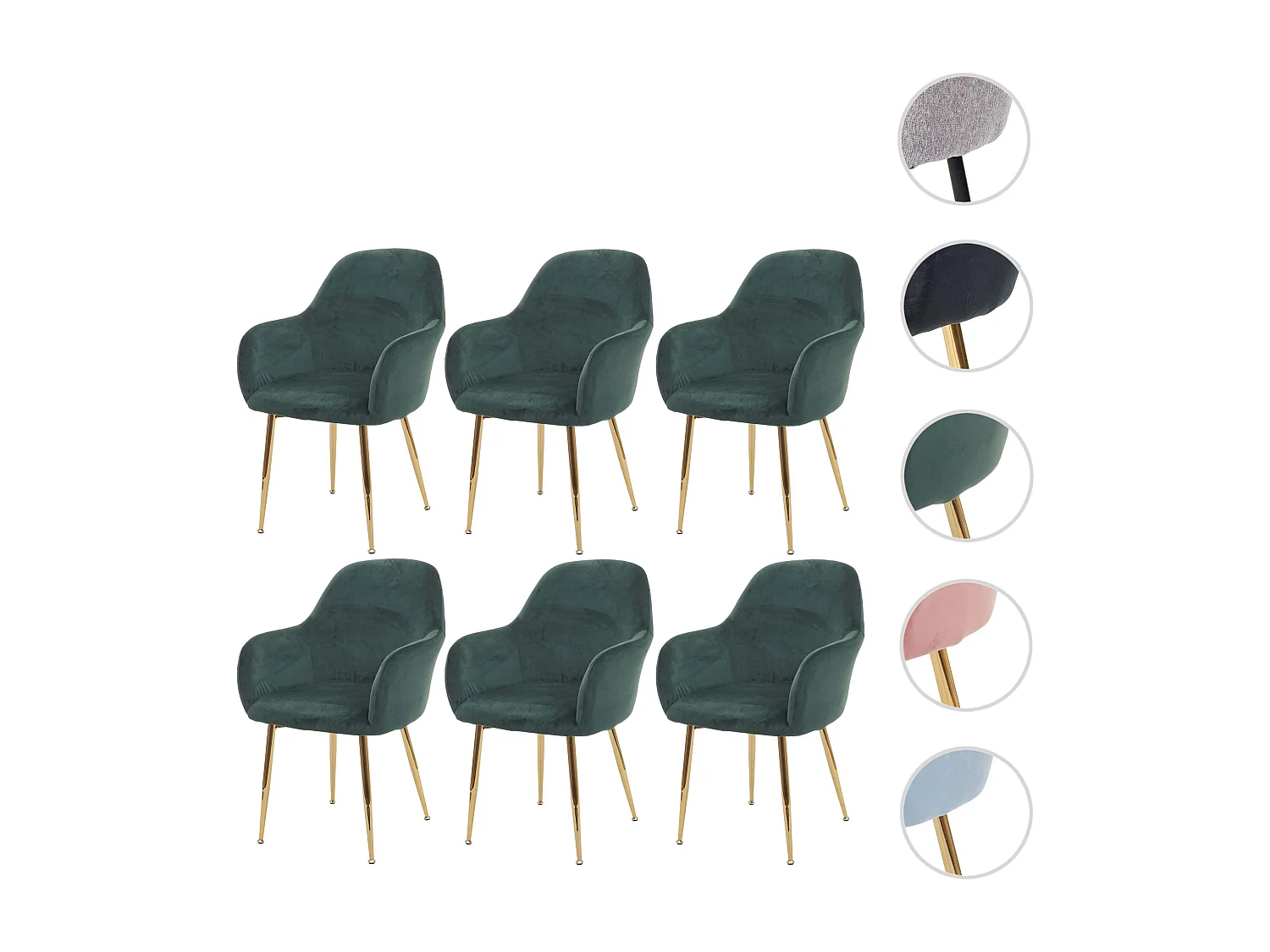 Chaise de salle à manger MCW-F18 (lot de 6),  velours vert, pieds dorés