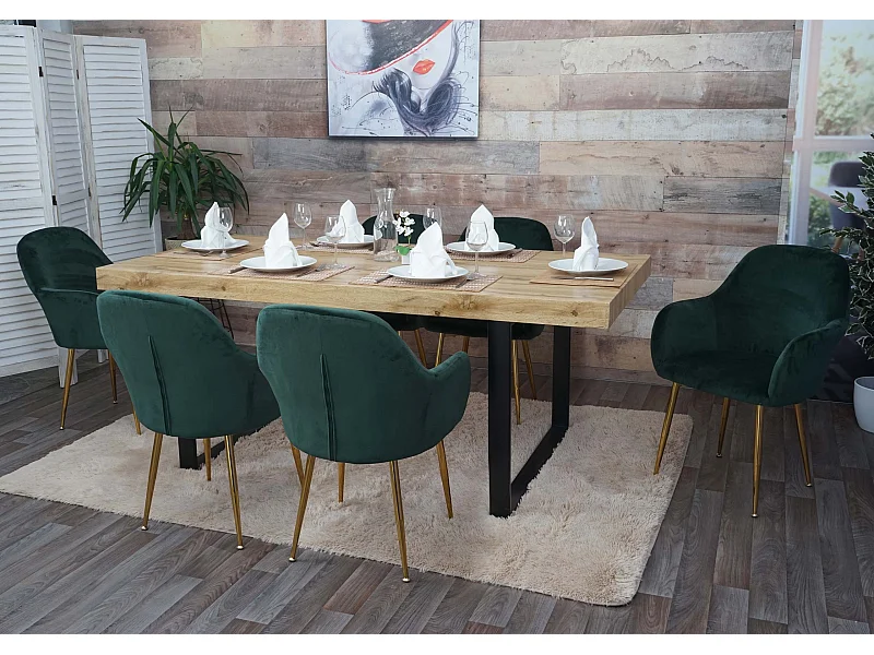 Set 6x sedie poltroncine MCW-F18 design retrò velluto verde gambe dorate