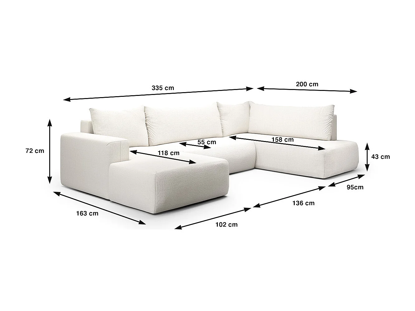 Canapé U 5 places convertible coffre Bliss Blanc Cassé