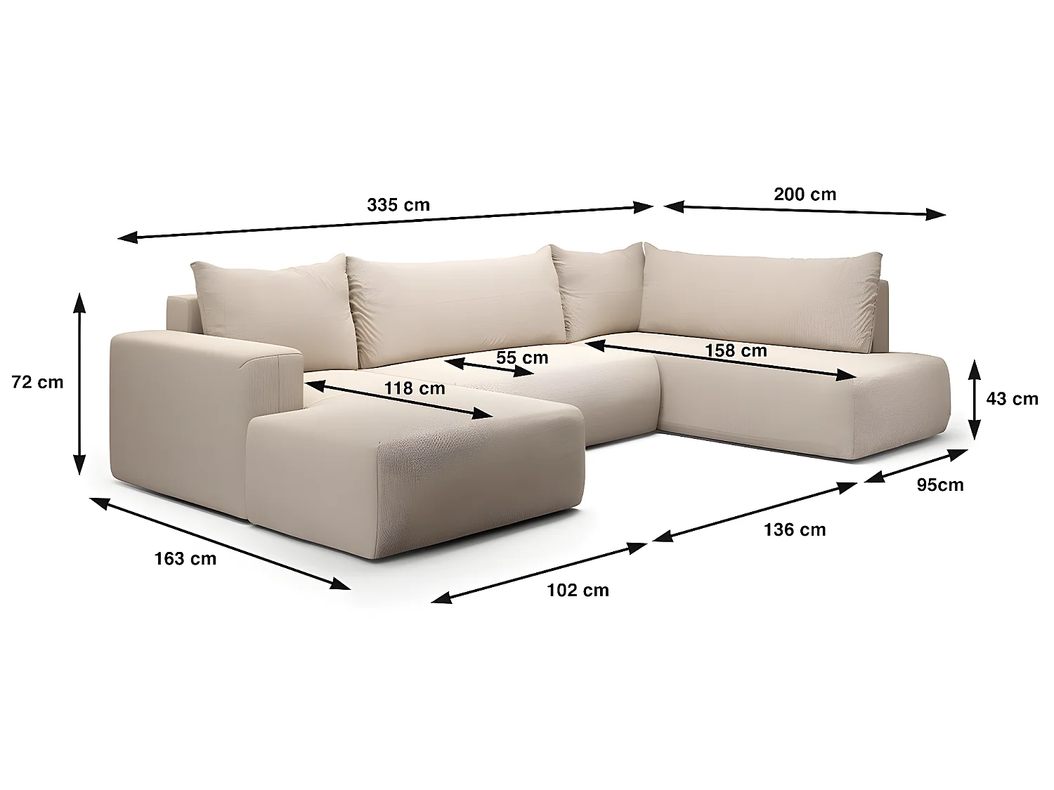 Canapé U 5 places convertible coffre Bliss Beige