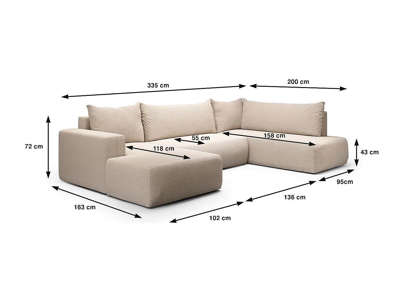 Canapé U 5 places convertible coffre Bliss Beige