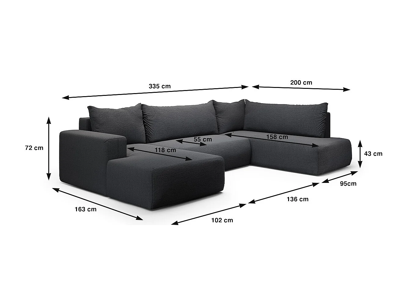 Canapé U 5 places convertible coffre Bliss Gris foncé