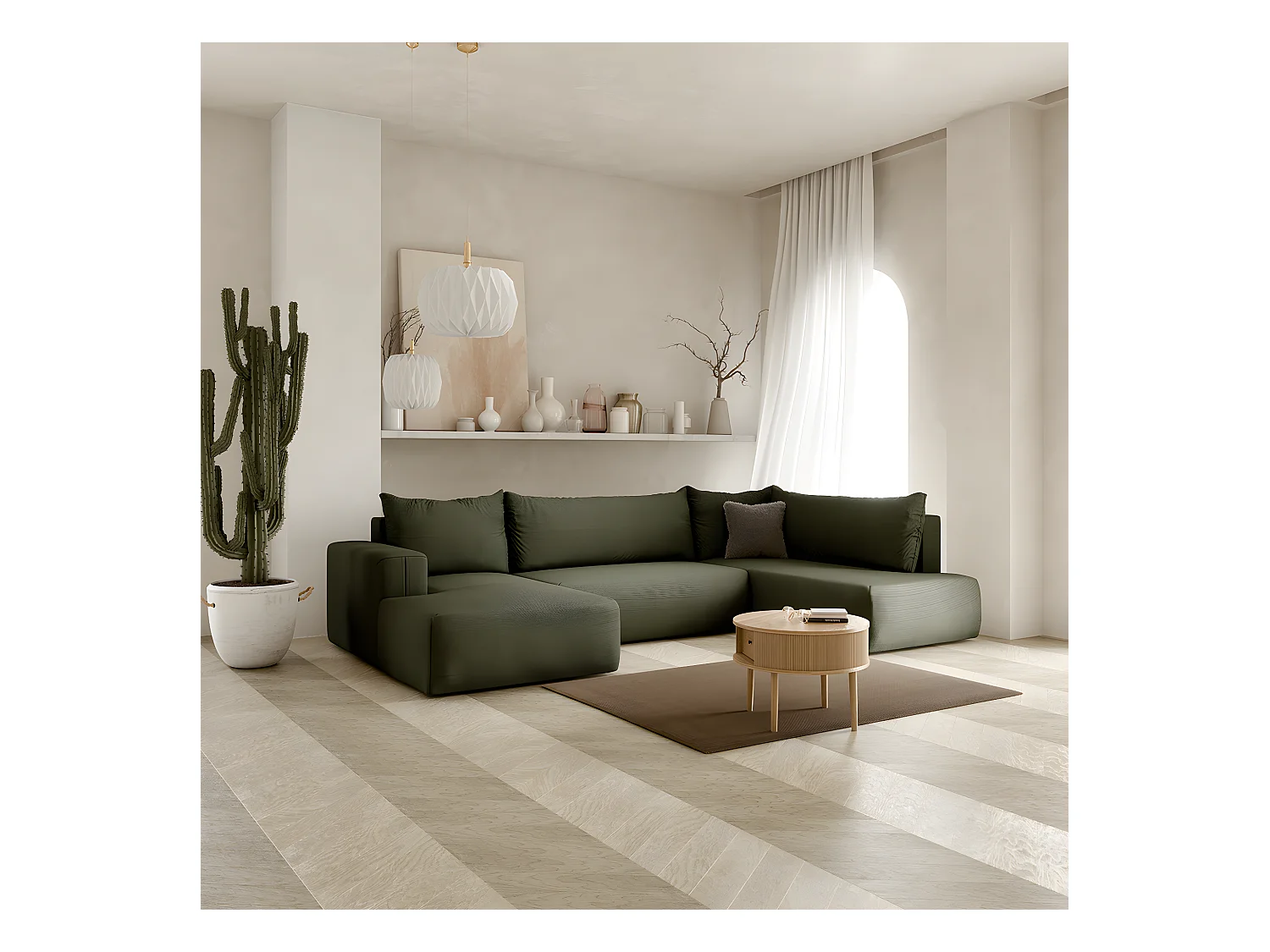 Canapé U 5 places convertible coffre Bliss Vert Sapin