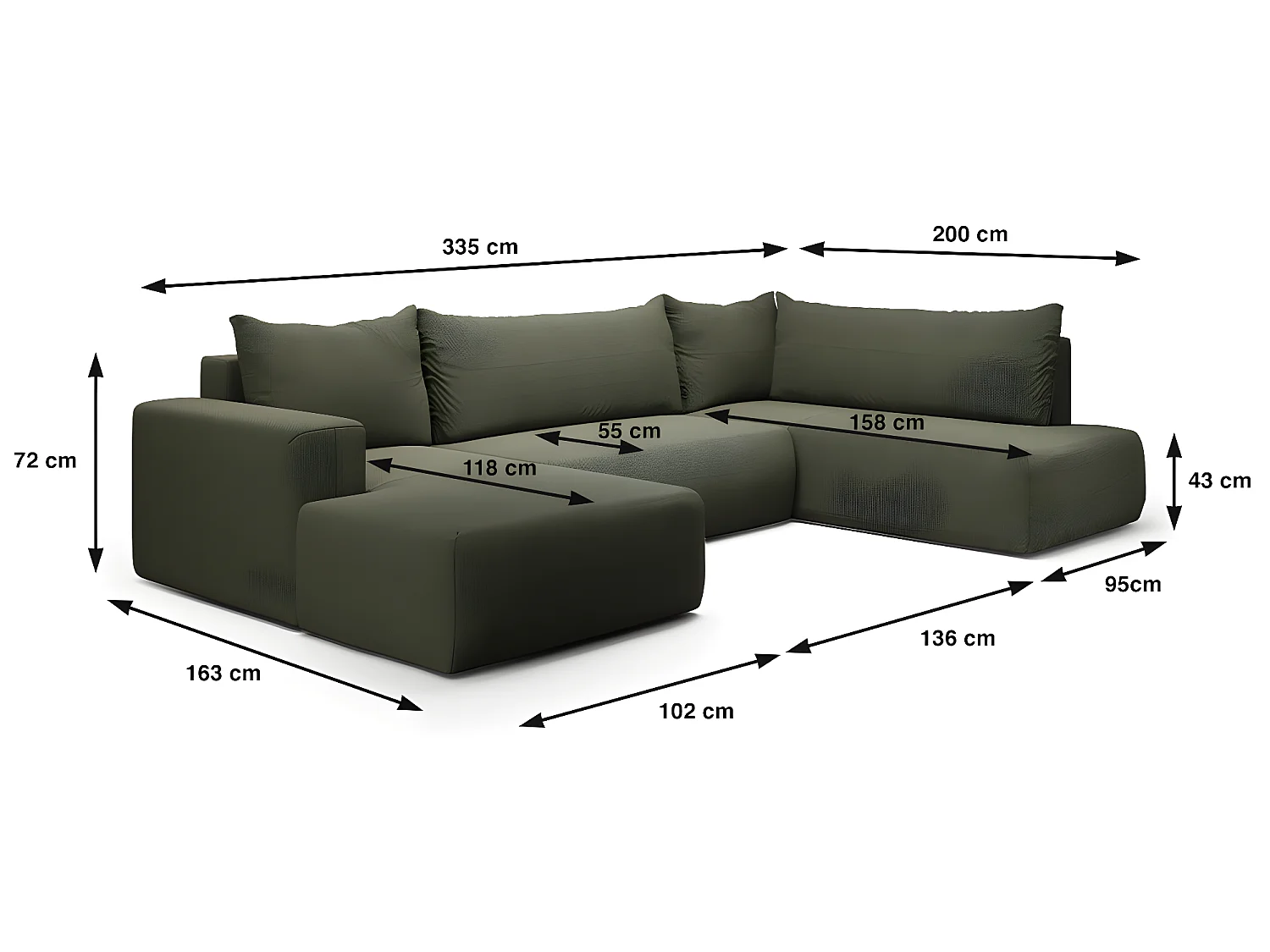 Canapé U 5 places convertible coffre Bliss Vert Sapin