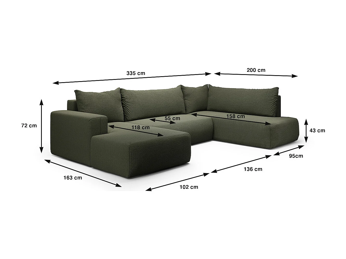 Canapé U 5 places convertible coffre Bliss Vert Sapin