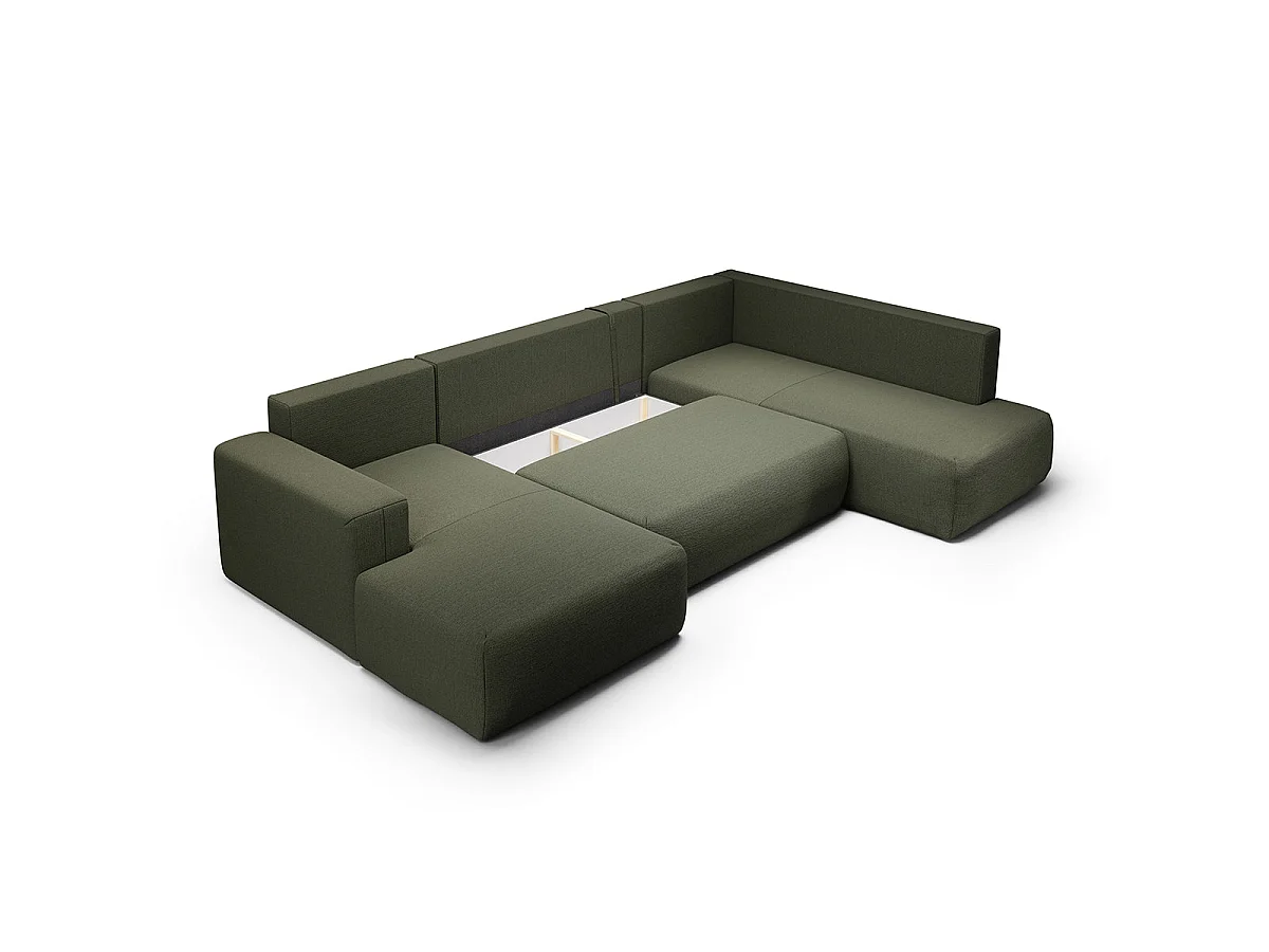 Canapé d'angle convertible 5 places avec coffre en tissu vert