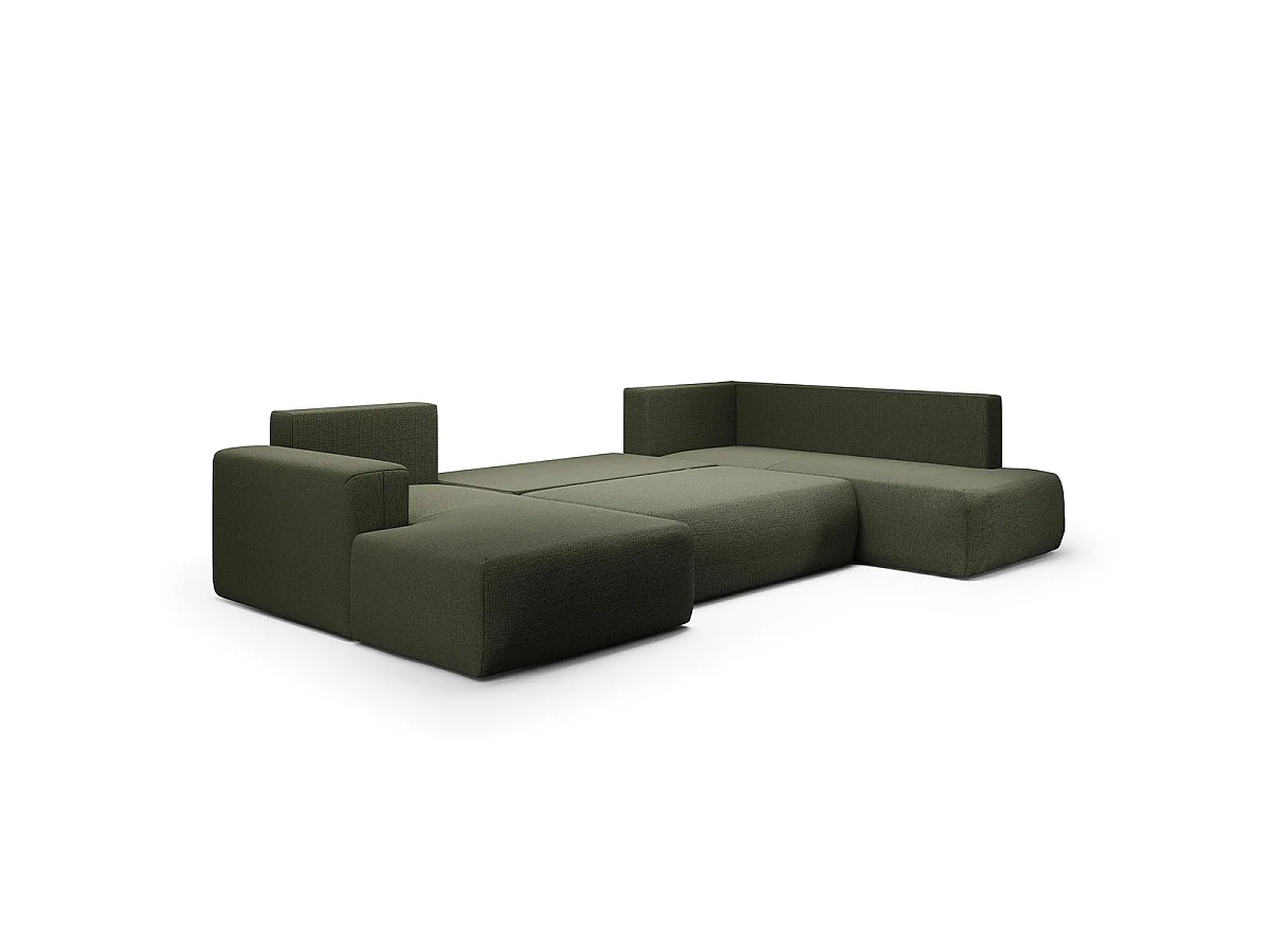 Canapé d'angle convertible 5 places avec coffre en tissu vert