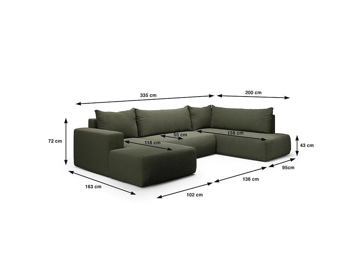 Canapé d'angle convertible 5 places avec coffre en tissu vert