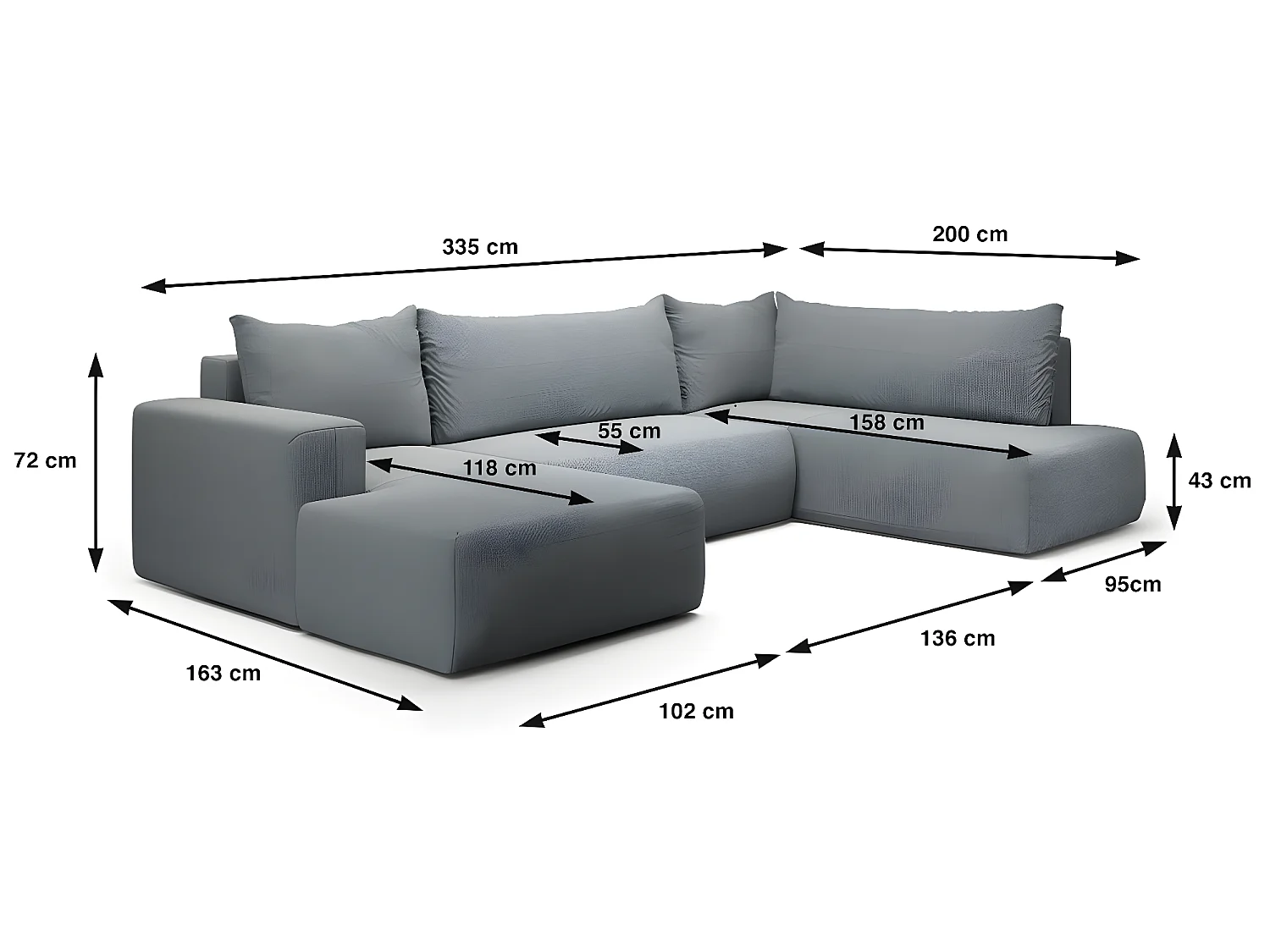 Canapé U 5 places convertible coffre Bliss Gris