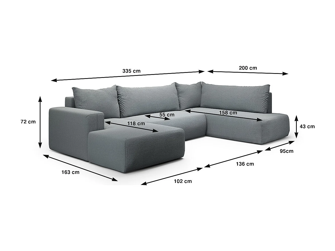 Canapé U 5 places convertible coffre Bliss Gris
