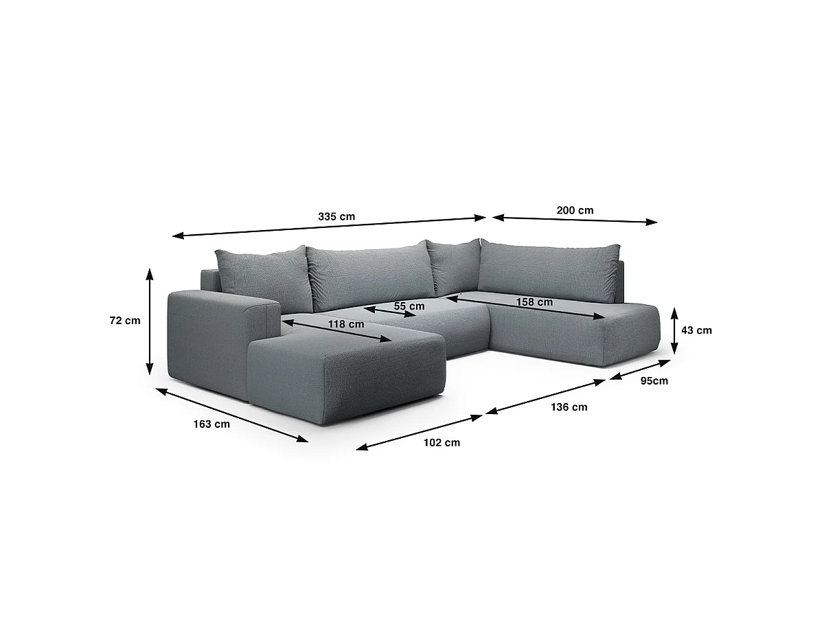 Canapé d'angle convertible 5 places avec coffre en tissu gris