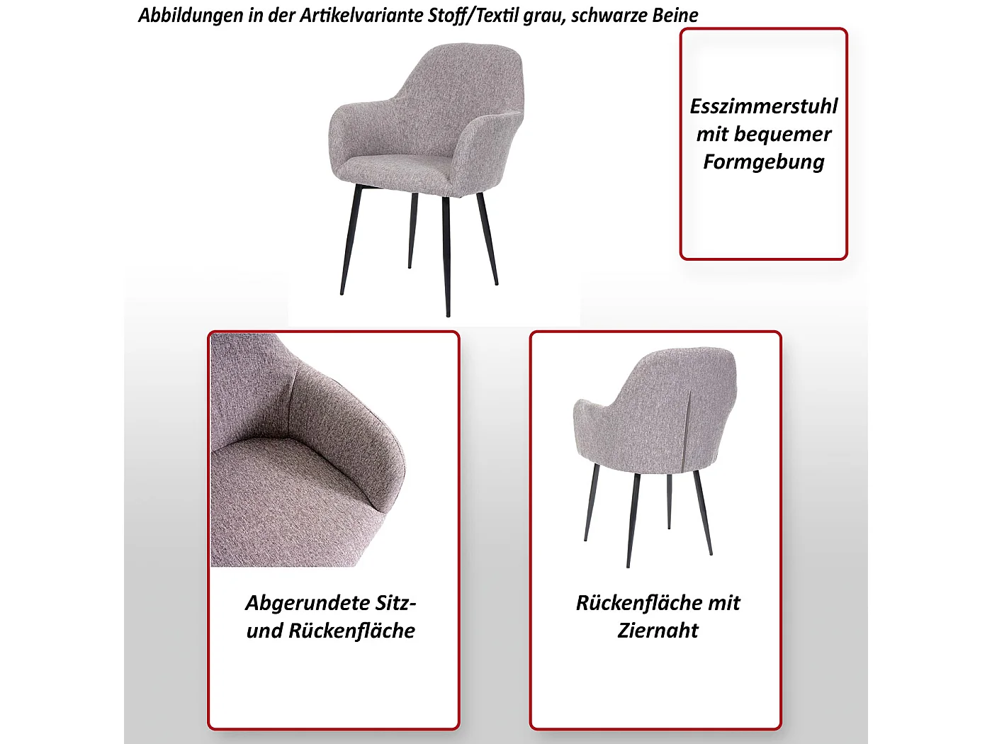 Silla de comedor MCW-F18 (set de 2),  tela/textil gris, patas negras