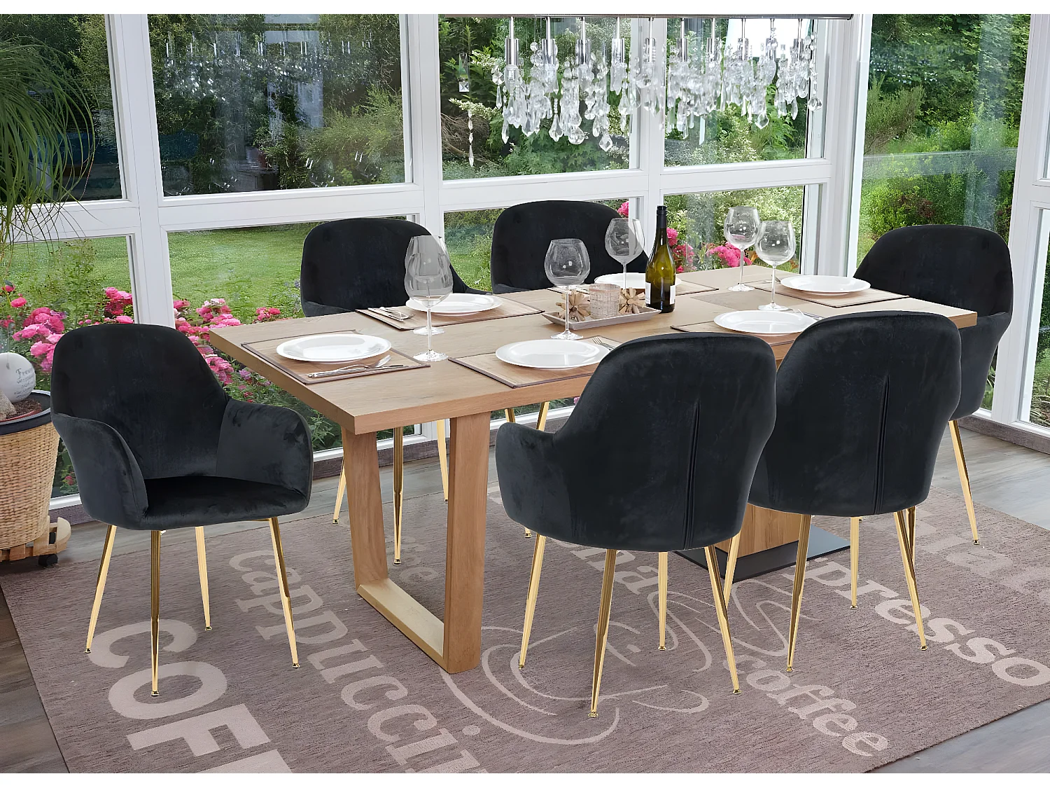 Silla de comedor MCW-F18 (set de 2),  terciopelo negro, patas doradas