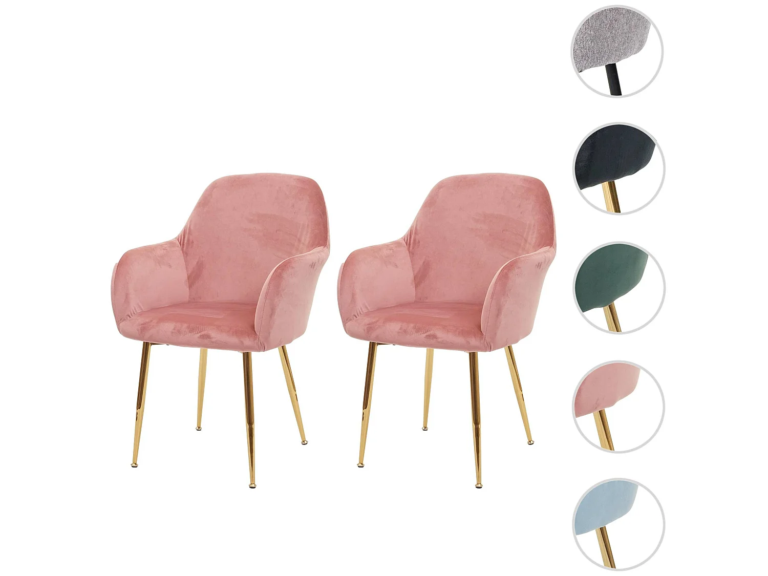 Set 2x sedie poltroncine MCW-F18 design retrò velluto rosa gambe dorate