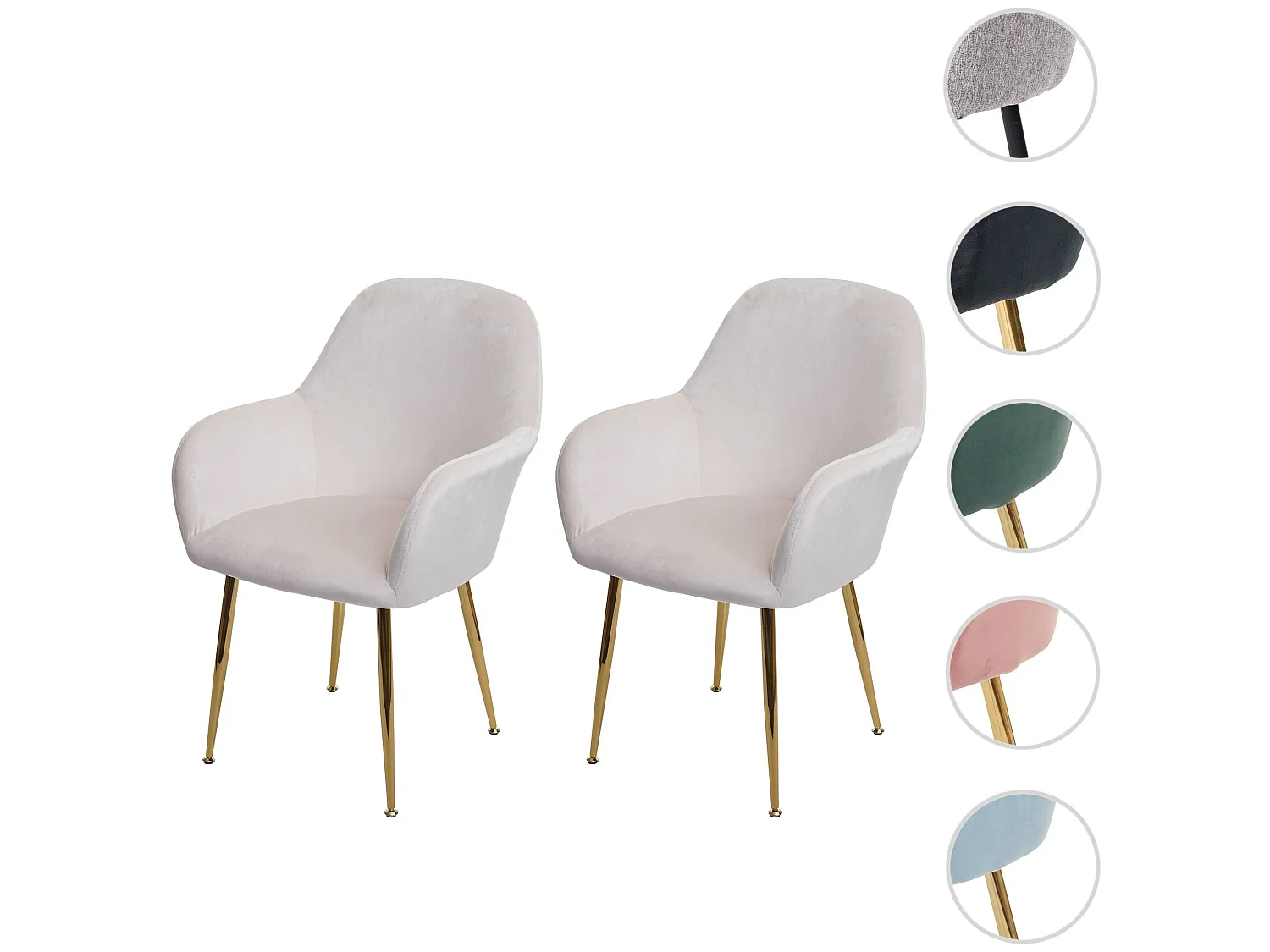 Silla de comedor MCW-F18 (set de 2),  terciopelo crema-blanco, patas doradas