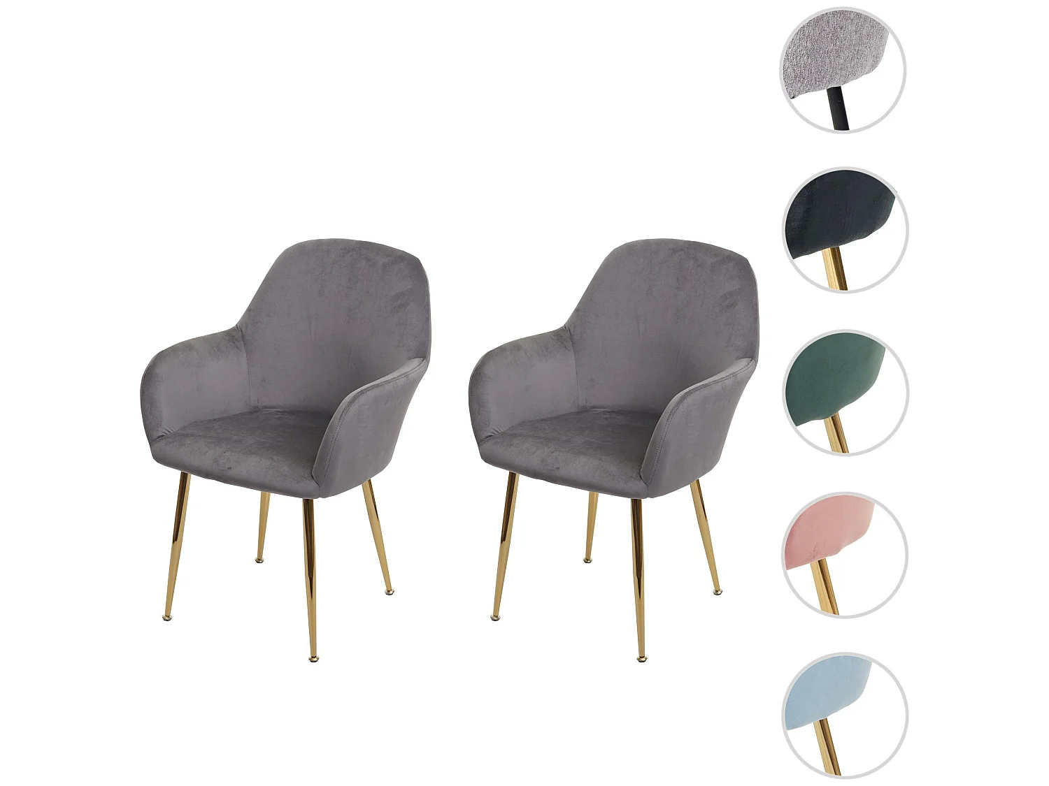 Silla de comedor MCW-F18 (set de 2),  gris terciopelo, patas doradas