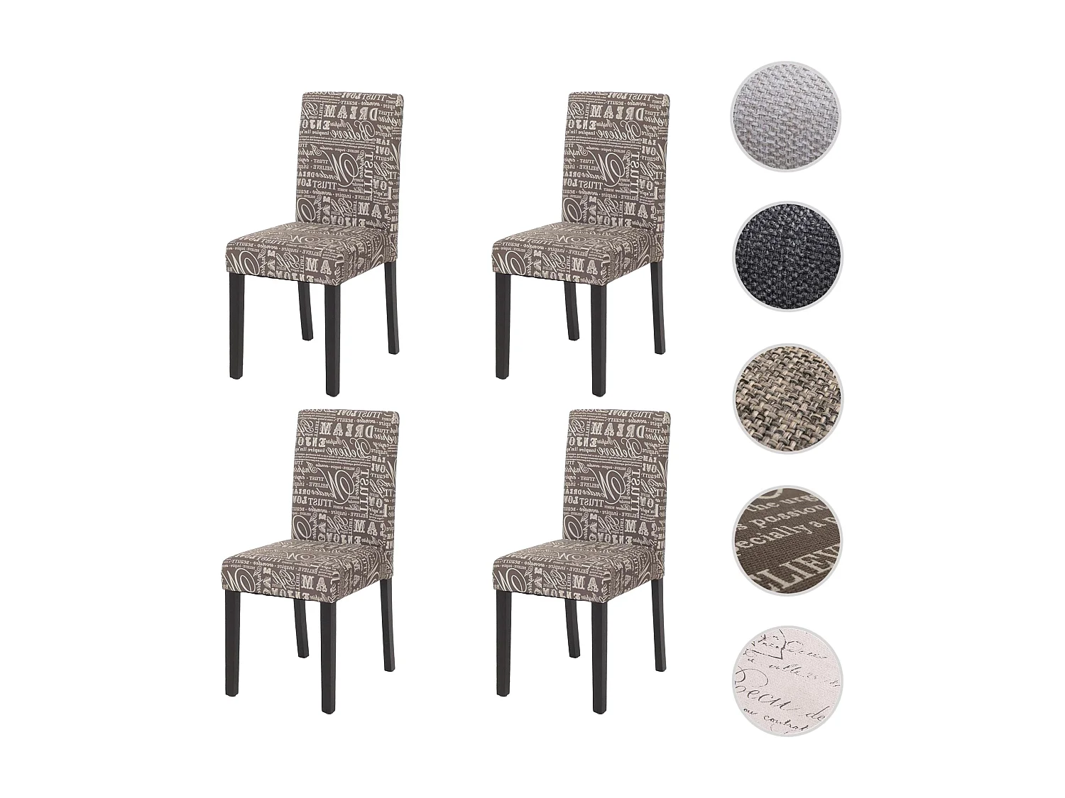 Eetkamerstoel Littau Schrift (set van 4),  textiel met letters, grijs, donkere poten
