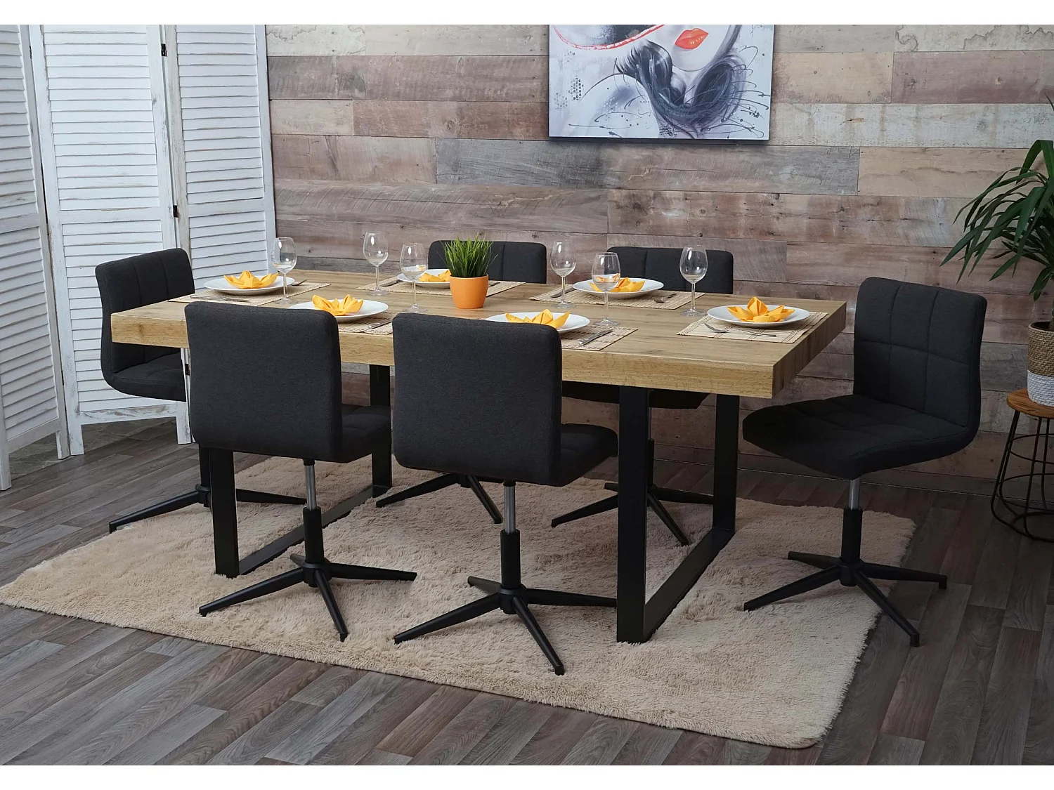 Silla de comedor Cadiz II (set de 6),  tela/textil gris oscuro, base negra
