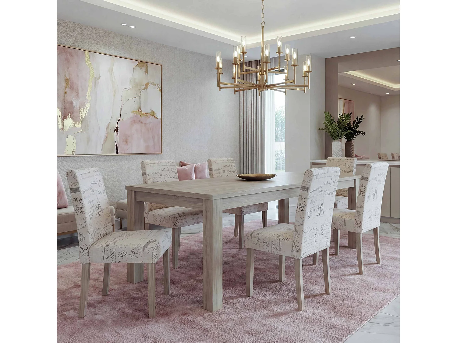 Eetkamerstoel Littau Schrift (set van 6),  textiel met opschrift, crème, poten structuur - eikenhout