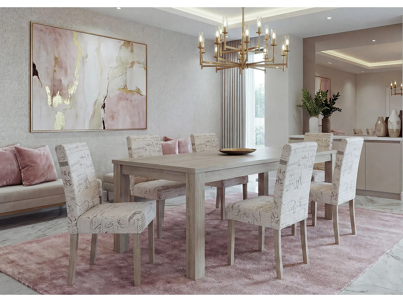 Eetkamerstoel Littau Schrift (set van 6),  textiel met opschrift, crème, poten structuur - eikenhout