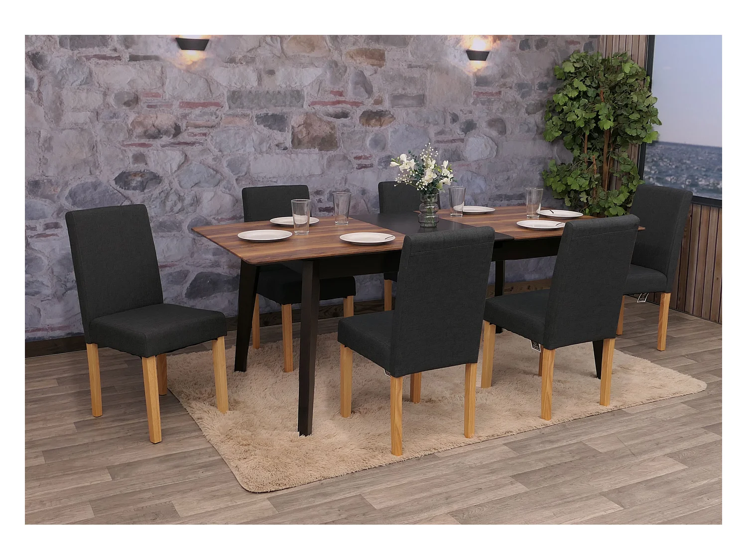 Chaise de salle à manger Littau (lot de 6),  tissu noir, pieds clairs