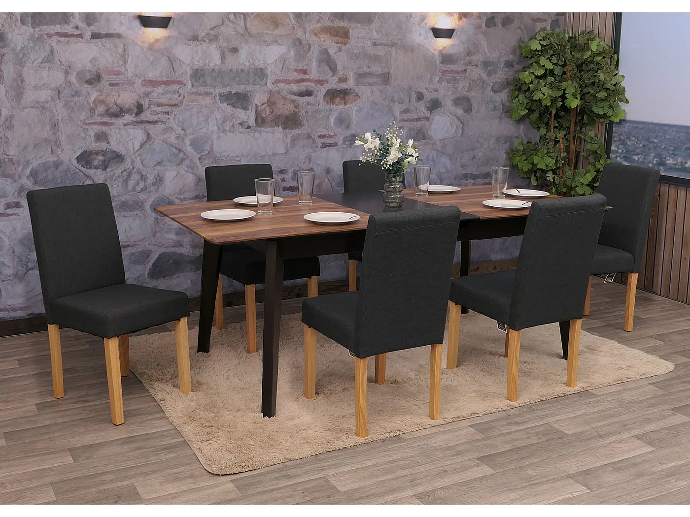 Chaise de salle à manger Littau (lot de 6),  tissu noir, pieds clairs