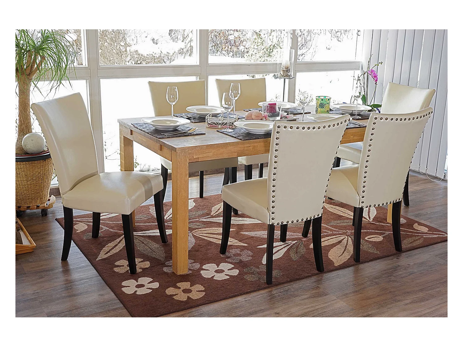 Set 6x sedie retrò eleganti Chesterfield ecopelle sala pranzo 62x50x93cm avorio piedi scuri