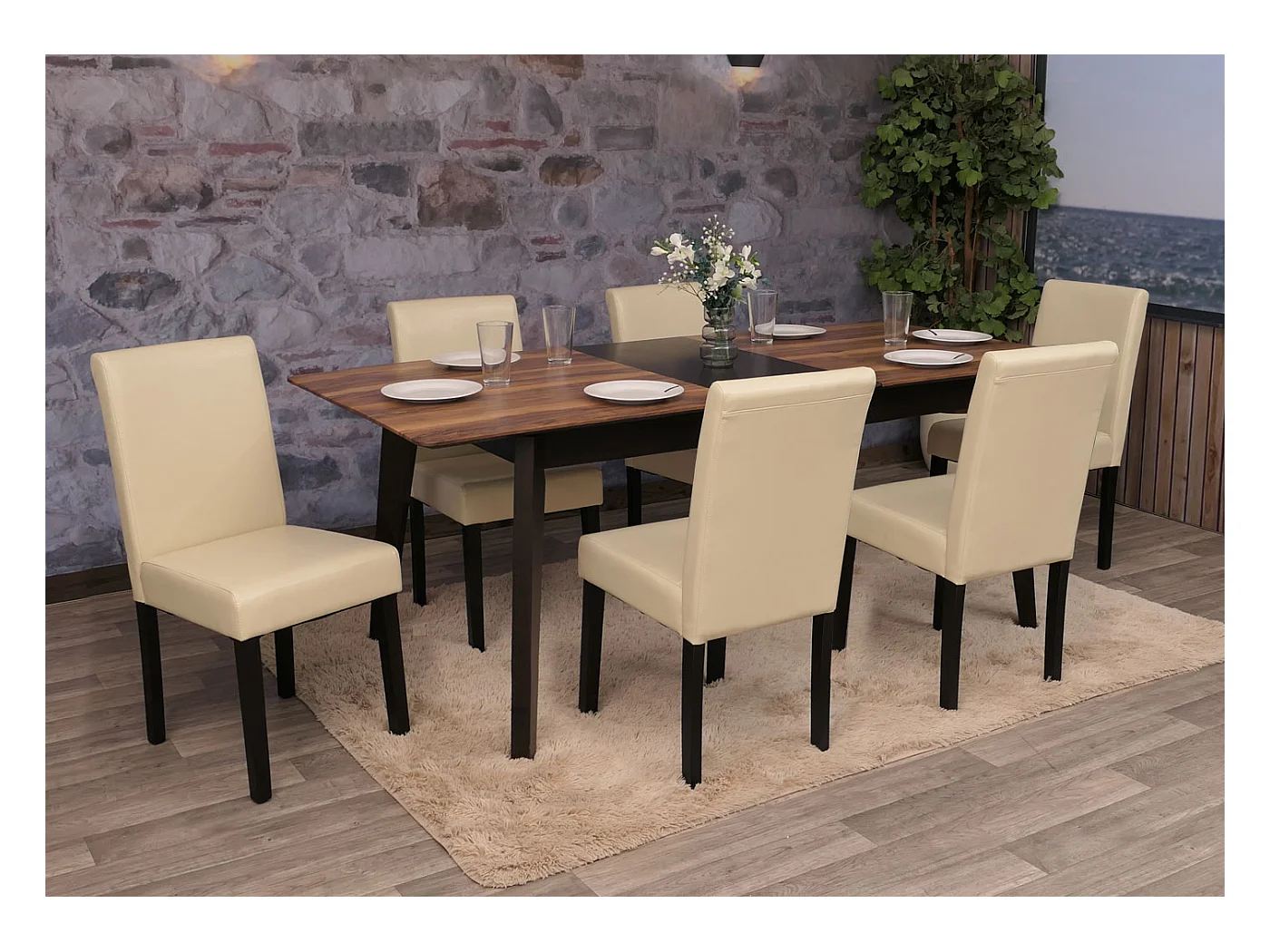 Silla de comedor Littau (juego de 6),  cuero, crema, patas oscuras