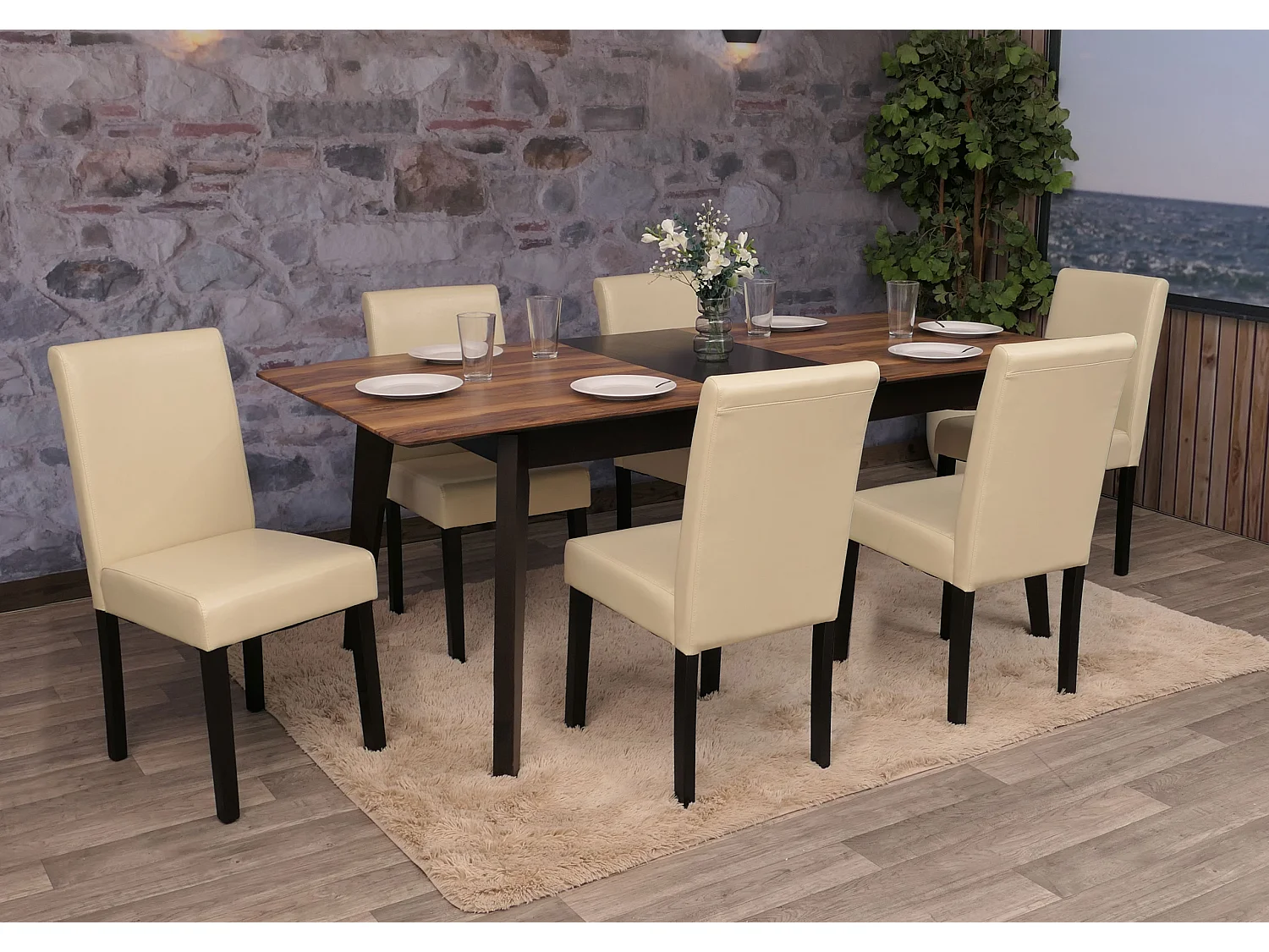 Chaise de salle à manger Littau (lot de 6),  cuir reconstitué crème, pieds foncés