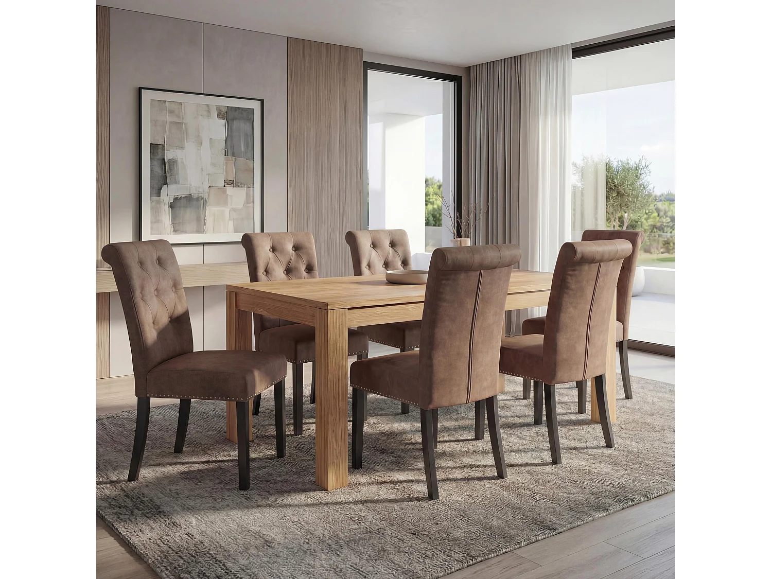 Esszimmerstuhl Chesterfield 2 (6er-Set), Stoff/Textil braun, dunkle Beine