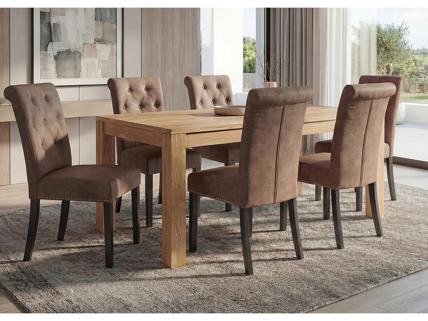 Esszimmerstuhl Chesterfield 2 (6er-Set), Stoff/Textil braun, dunkle Beine