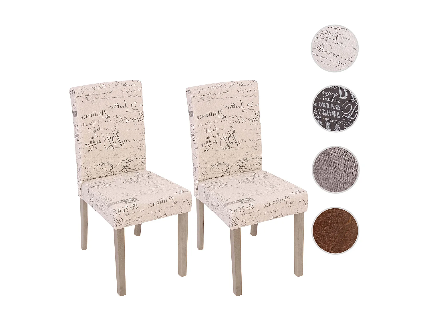 Eetkamerstoel Littau textiel (set van 2),  textiel met belettering, crème, poten structuur - eik