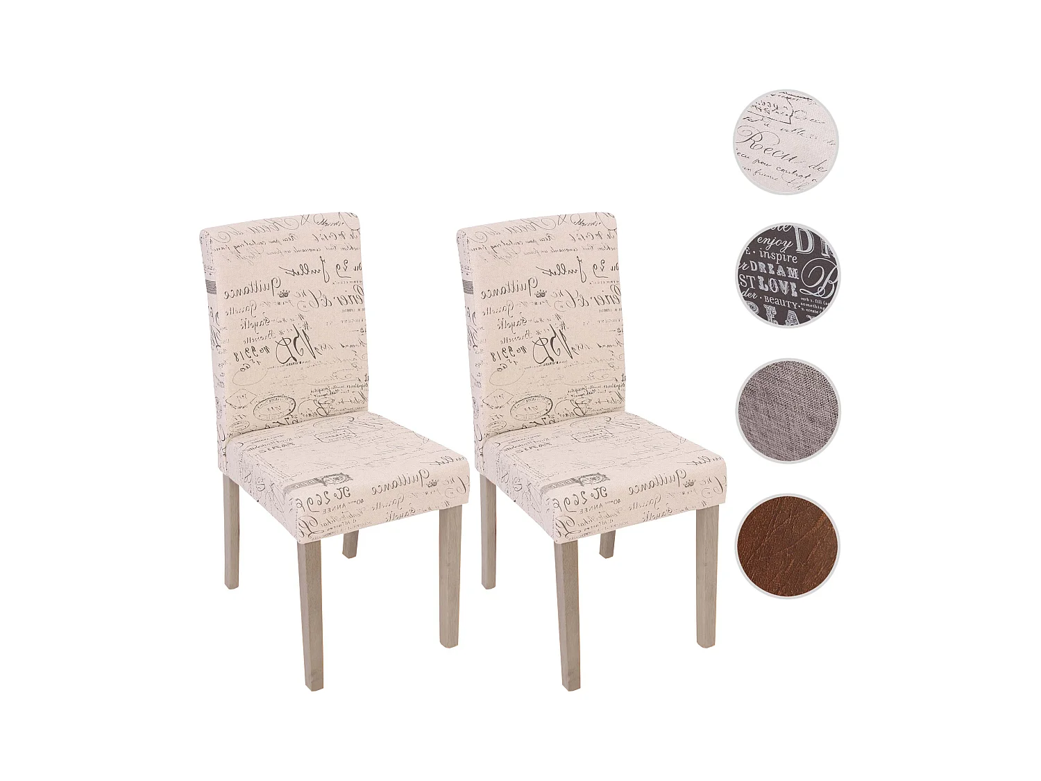 Chaise de salle à manger Littau Schrift (lot de 2),  tissu avec écriture, crème, aspect chaîne des pieds