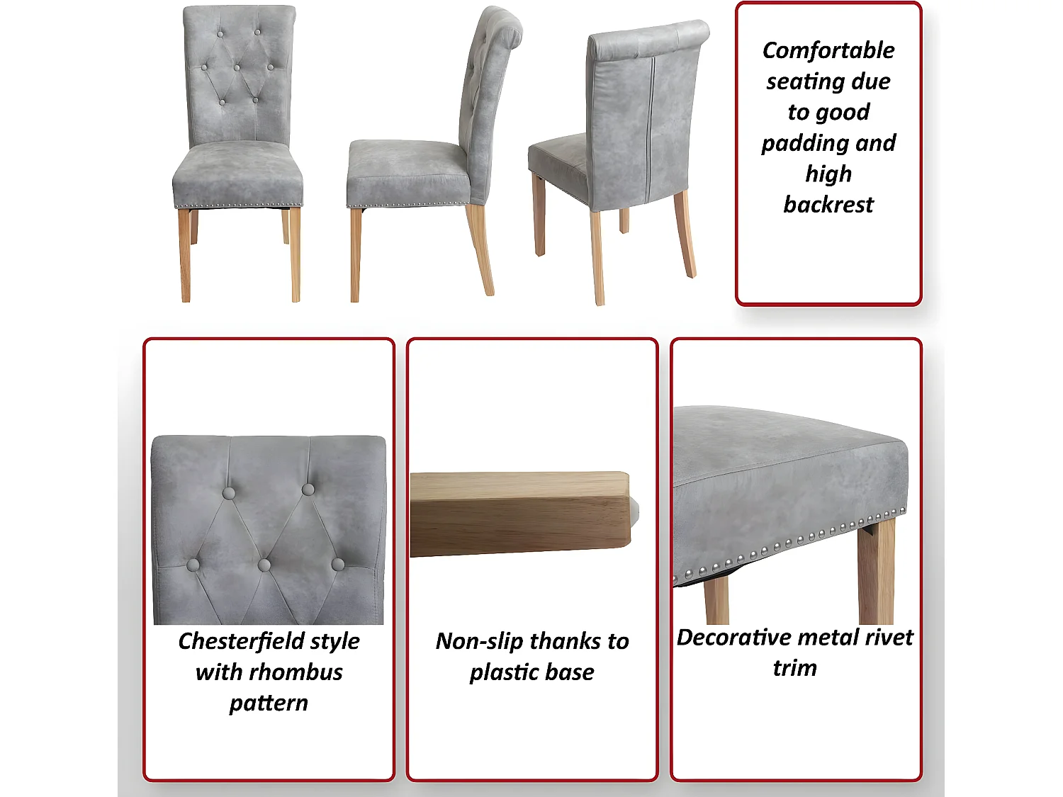 Set 2x sedie vintage retrò inglesi sala pranzo Chesterfield II ecopelle nero piedi scuri