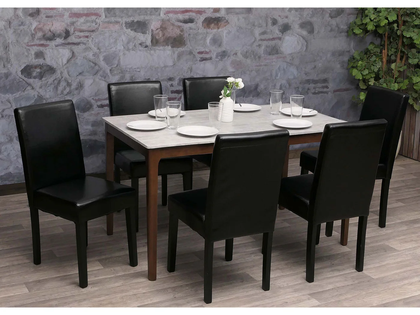 Cadeira de jantar Littau (conjunto de 6),  couro, preto, pernas escuras