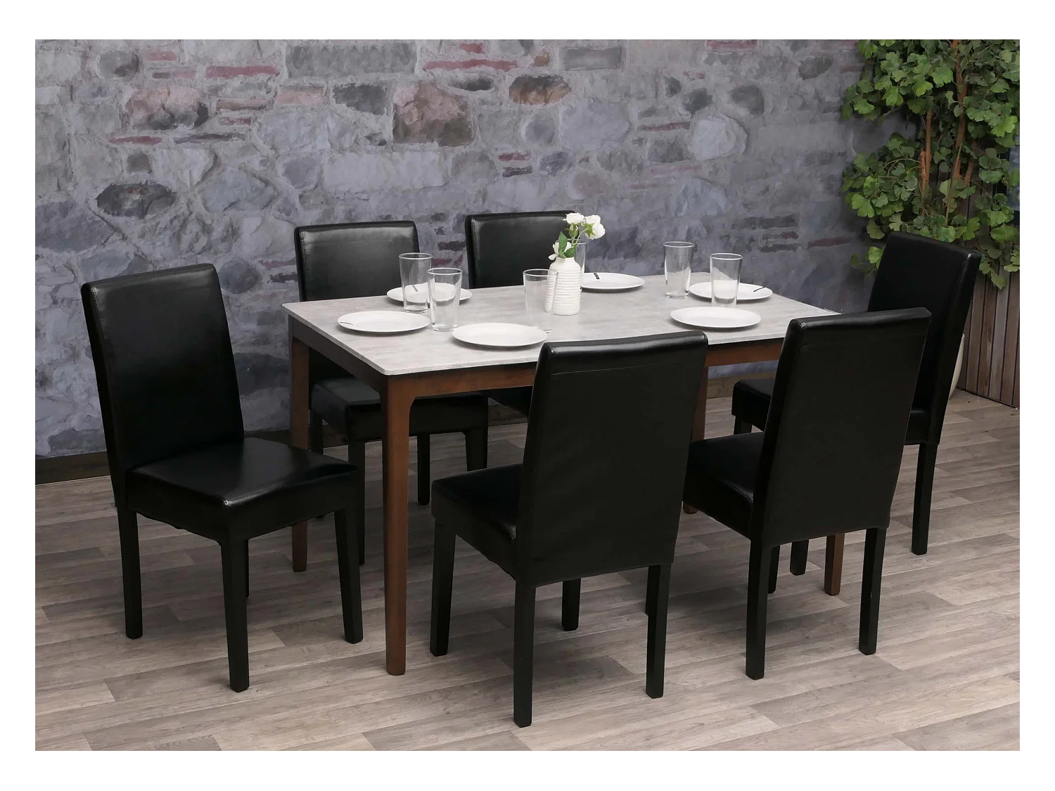 Chaise de salle à manger Littau (lot de 6),  cuir noir, pieds foncés